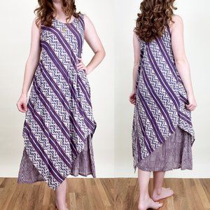 Vintage Anokhi Block Print Boho Lagenlook Midi Dress Relaxed Fit Slip 70's 80's